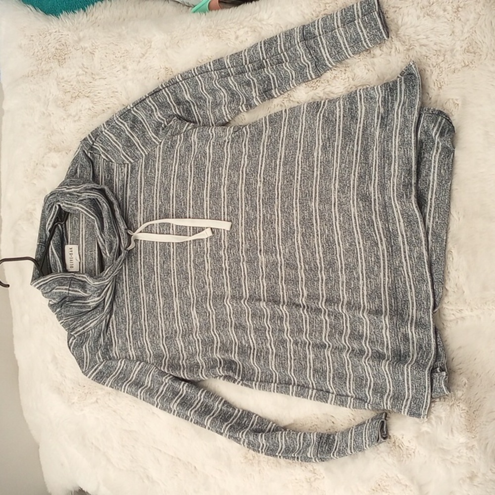 Olive and Oak blue and white mingled striped knit long sleeve cowl neck top.